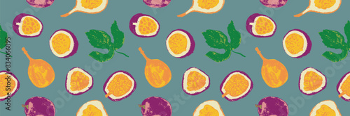 Tropical fruit banner. Vector passion fruit seamless pattern. Hand drawn granadilla illustrations. Colorful exotic fruits ornate print. Natural background for cosmetics, fruits puree or juice label.