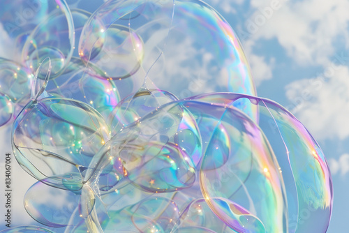 sfondo con grandi bolle di sapone colorate iridescenti su sfondo di cielo azzurro con nuvole photo