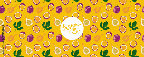 Tropical fruit banner. Vector passion fruit seamless pattern. Hand drawn granadilla illustrations. Colorful exotic fruits ornate print. Natural background for cosmetics, fruits puree or juice label.