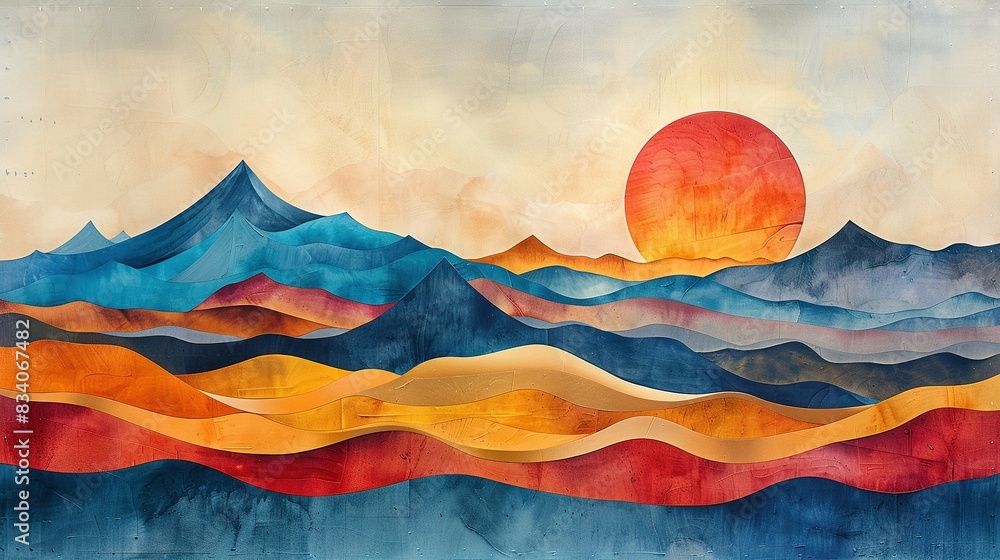 Sunset painting of water, mountains & flying bird Sunset painting of water, mountains & flying bird