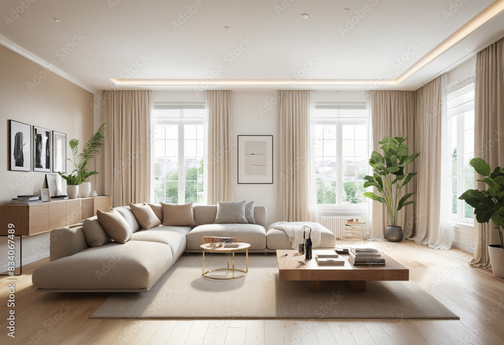 Fototapeta premium Renovated minimalist living room featuring elegant parquet flooring, cozy Scandinavian design, and luxurious touches in a simple and comfortable interior with a touch of orange and grey accents