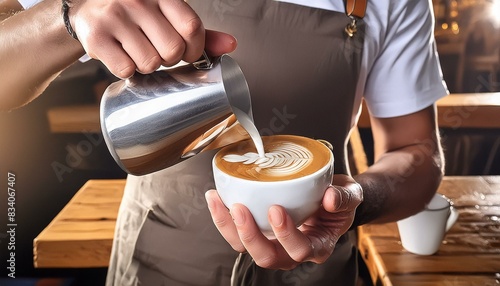 young male barista hands making cappuccino pouring milk to prepare a cup of Latte art coffee