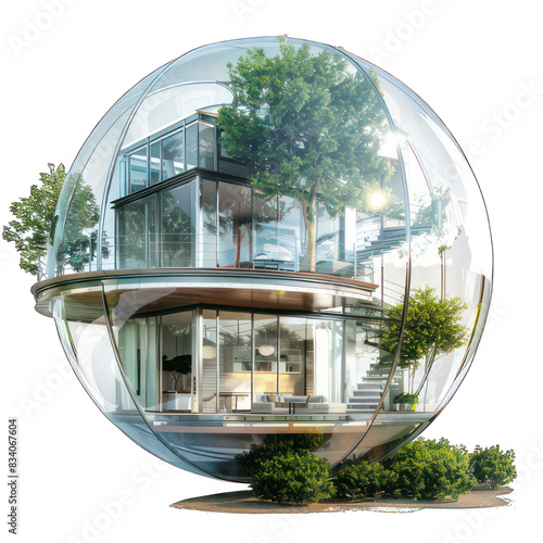 Modern round glass house isolated on white created with Generative AI