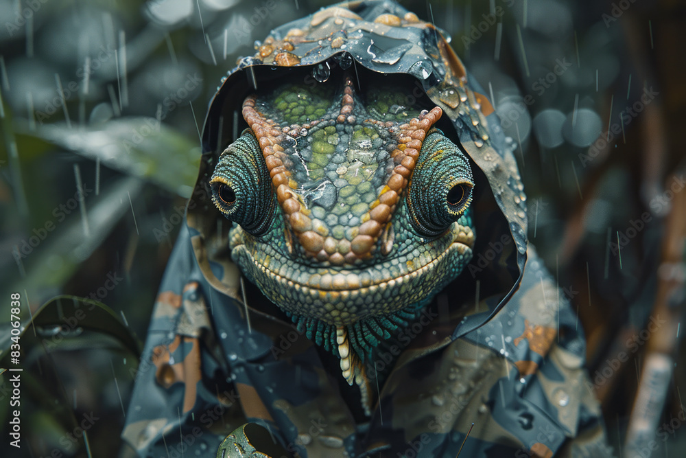 A chameleon in a camouflage raincoat, blending with the rainy environment, A chameleon in a camouflage raincoat, blending with the rainy environment,