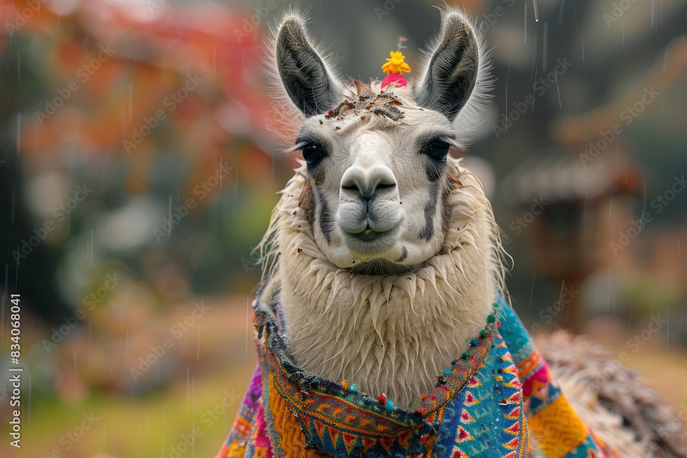 Fototapeta premium A llama in a colorful, patterned raincoat, standing proudly in the rain,