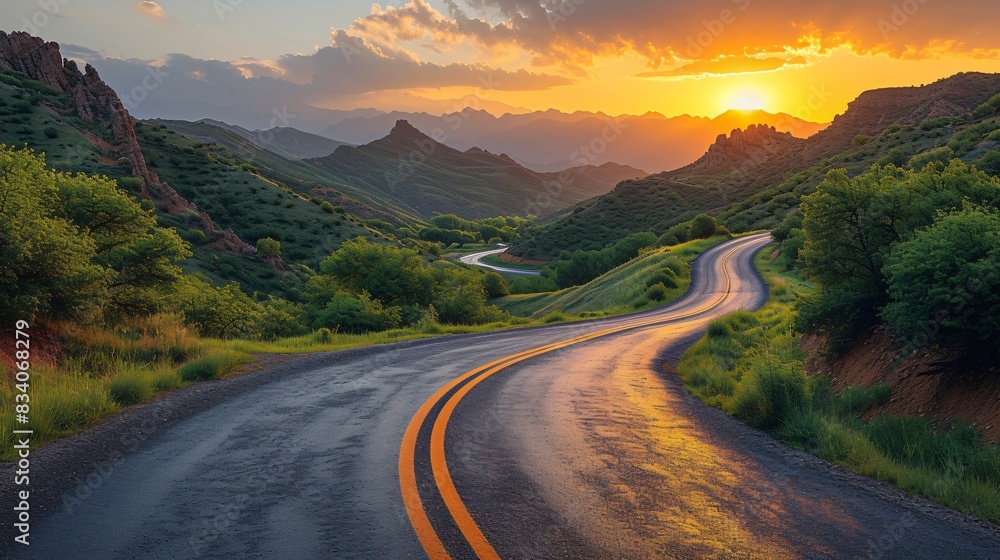 Serpentine mountain road, lush greenery and blue sky. Scenic route natural landscape, travel adventure concept.