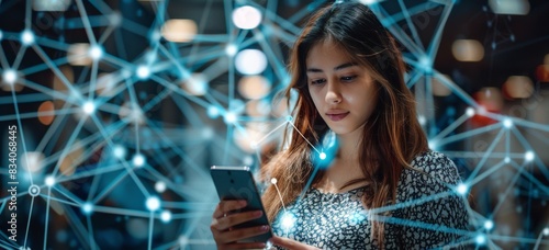 Woman Using Cell Phone in Front of Network of Dots
