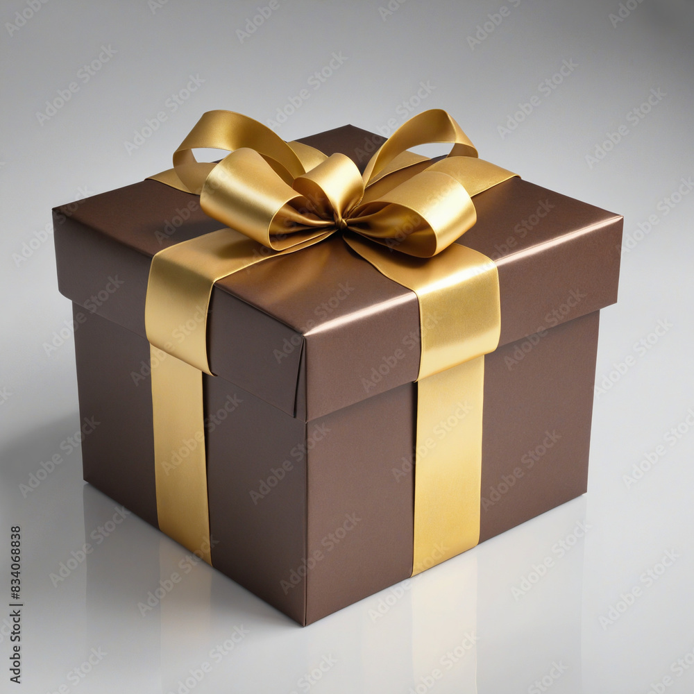 Top view of a luxurious brown present box adorned with a gleaming gold ribbon, perfect for any festive celebration or special occasion Top view of a luxurious brown present box adorned with a gleaming gold ribbon, perfect for any festive celebration or special occasion