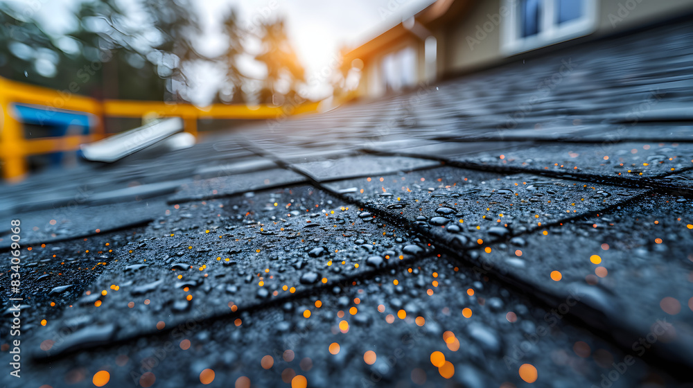 Installing new asphalt bitumen shingles to roof with pneumatic air nail