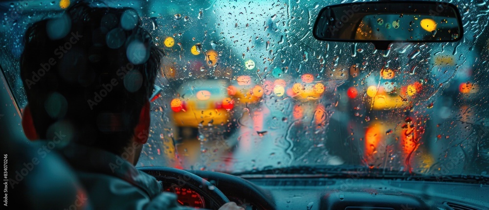 Naklejka premium Through the rain-streaked windshield, a driver maneuvers their vehicle with precision, embodying the essence of professionalism on the road.