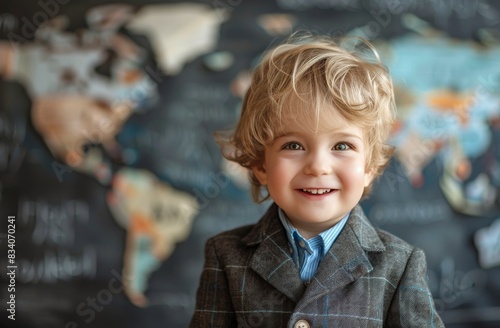 Young Boy in Suit and Tie Standing in Front of World Map