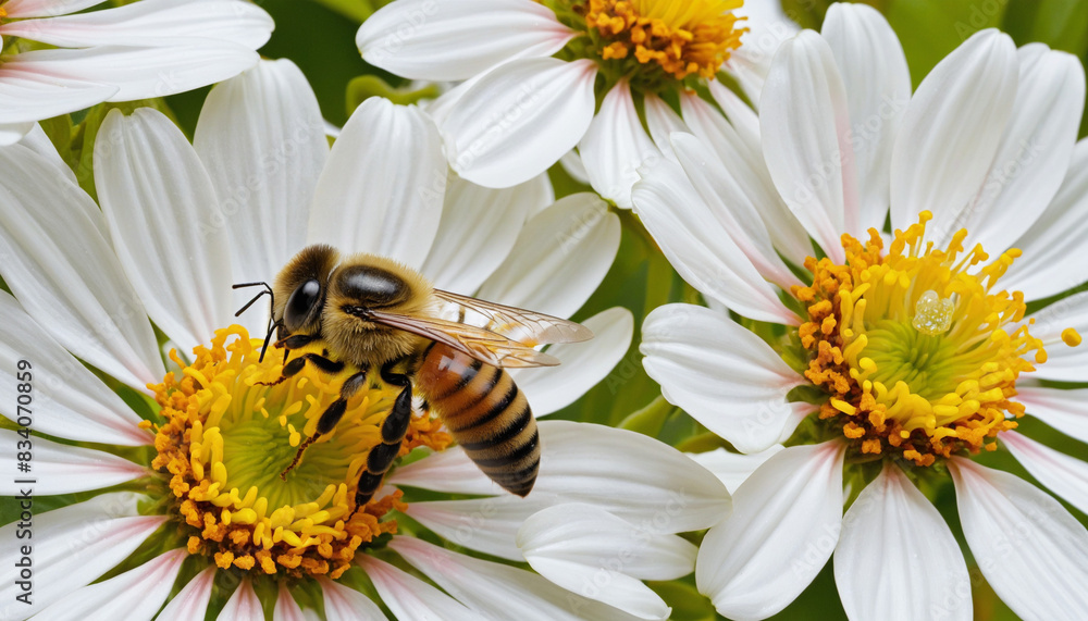 Obraz premium A honey bee gracefully hovers over a vibrant orange blossom in a wild garden, collecting pollen to pollinate the surrounding flora