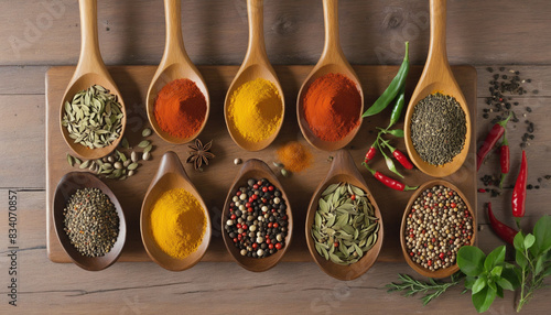 Assortment of colorful spices in wooden spoons for cooking and seasoning in the kitchen