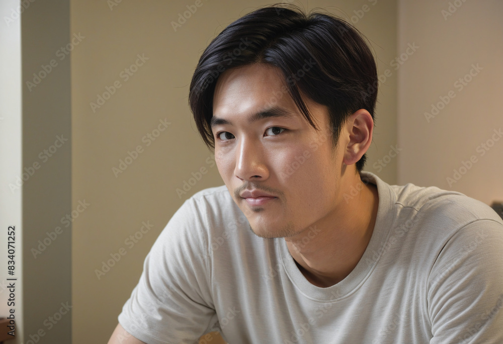 A handsome Japanese man in his 30s smiling warmly in an indoor setting A handsome Japanese man in his 30s smiling warmly in an indoor setting