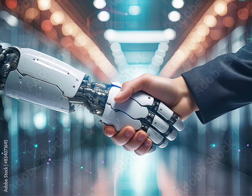 Um aperto de mãos entre um humano e um robô, com fundo de galpão de metal cheio de luzes. photo