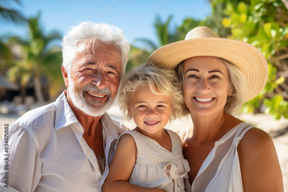 Family portrait of a grandparents and grandchild on a tropical beach. Family time on a summer holiday vacation by the sea. Family portrait of a grandparents and grandchild on a tropical beach. Family time on a summer holiday vacation by the sea.