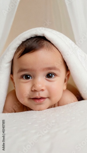 Beautiful smiling infant peeks out from under a white cozy blanket.