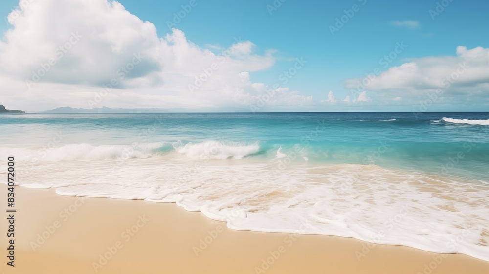 Stunning view of a tranquil beach with gentle waves and a clear blue sky Stunning view of a tranquil beach with gentle waves and a clear blue sky