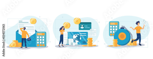 Characters having financial problems, debts and loans. People holding long bill, reading letter from collection agency and carrying debt. Flat cartoon vector illustration and icons set.