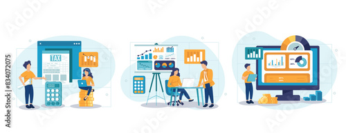 Financial data analysis illustration set. Advisor with client analyzing financial report and calculating tax report. Data and finance management concept. Vector illustration.