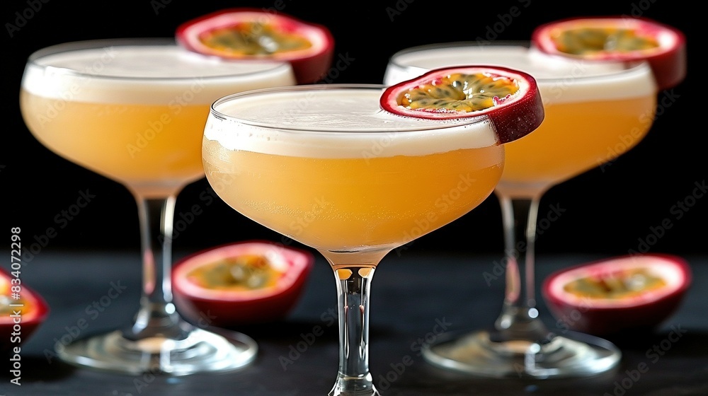 Close-up of three drinks in glasses with fruits on rims Close-up of three drinks in glasses with fruits on rims