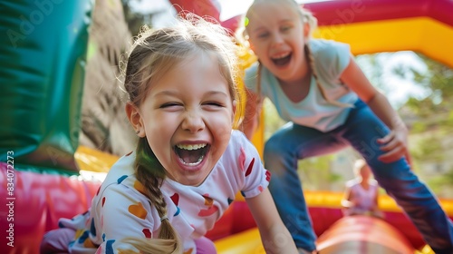 Children is laughing when playing on bouncy castle photo