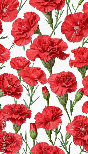 Isolated red carnation flower blooms on a white background in mesmerizing floral display