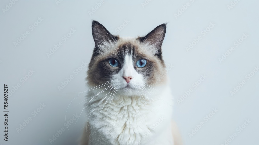 Obraz premium Bicolor Ragdoll cat with dark blue eyes sitting upright and staring at the camera on a white backdrop