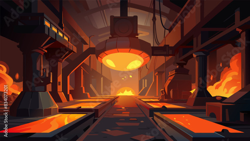 The bright blinding glow of molten metal illuminated the smelting plants interior giving the whole place a surreal otherworldly feel.. Vector illustration