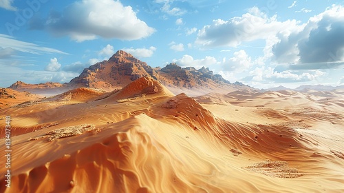  A digital photograph of a desert landscape featuring sand dunes and a distant mountain range shrouded in cloud cover