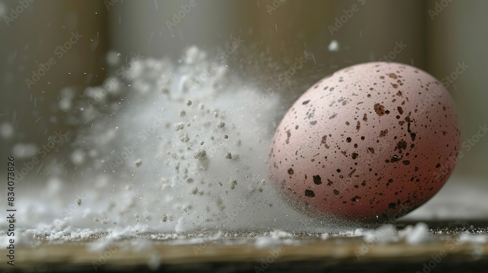A pink egg rests atop a wooden table near a mound of white powder A pink egg rests atop a wooden table near a mound of white powder