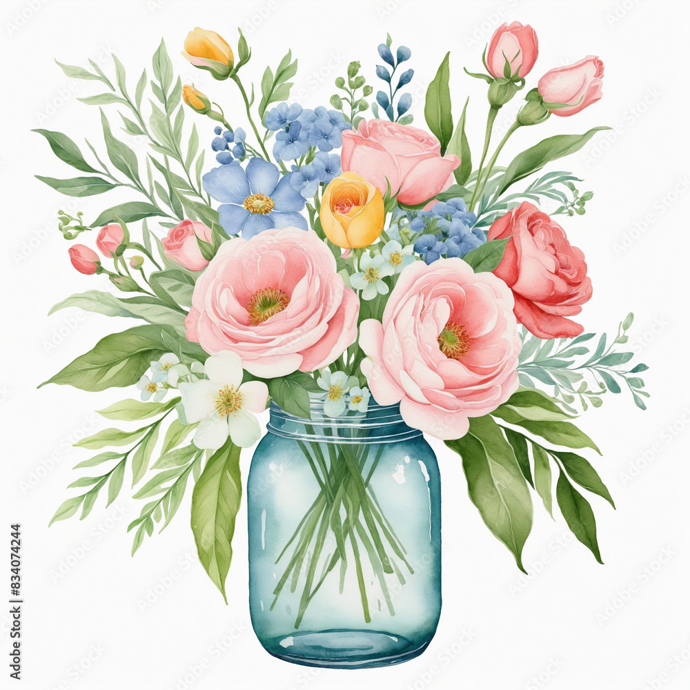 Obraz premium An elegant and modern watercolor illustration of a generatively designed floral arrangement in soft pastel hues, perfect for a bohemian wedding or chic event