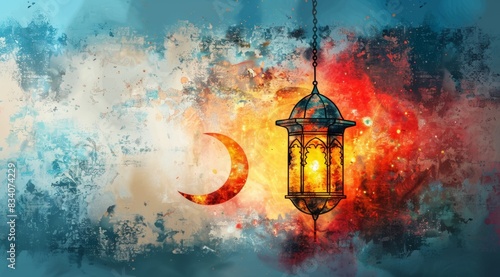 Glowing ramadan lantern with crescent. Islamic greeting cards for Muslim holidays and Ramadan. Banner template for celebration ramadan., white background, watercolor style. text 2025 