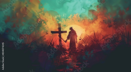 God please forgive me concept  Jesus holding hand of someone for help over blurred the cross 