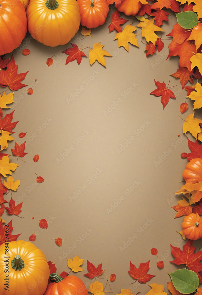 Fototapeta premium Vibrant autumn leaves and pumpkins create a festive, colorful landscape for fall advertising
