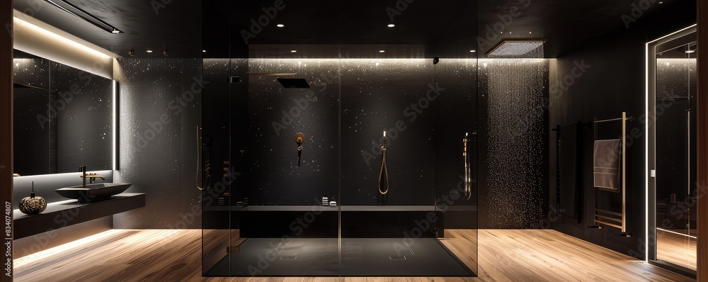 Luxuriously designed modern bathroom featuring a natural view through a large window and verdant indoor plants. Luxuriously designed modern bathroom featuring a natural view through a large window and verdant indoor plants.