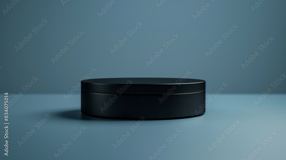 A black object with a circular shape is on a blue surface A black object with a circular shape is on a blue surface