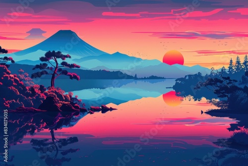 Artistic illustration of Japan at dusk