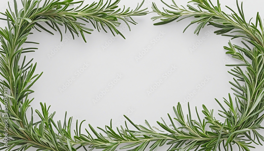 Botanical design featuring isolated rosemary sprigs framing the corner of a photo-realistic layout