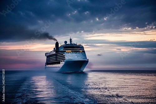 Cruise ship moving across the sea against the background of the evening sky with clouds.