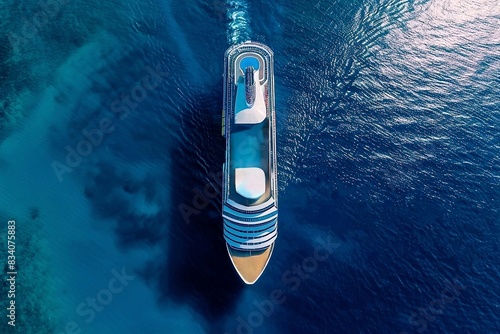 Aerial view of a cruise ship with swimming pools on deck sailing in the open sea.