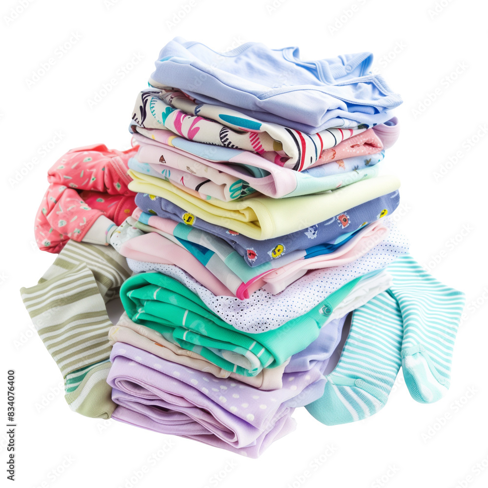 A neatly folded pile of pastel-colored baby clothes including onesies and tiny socks, isolated on transparent background