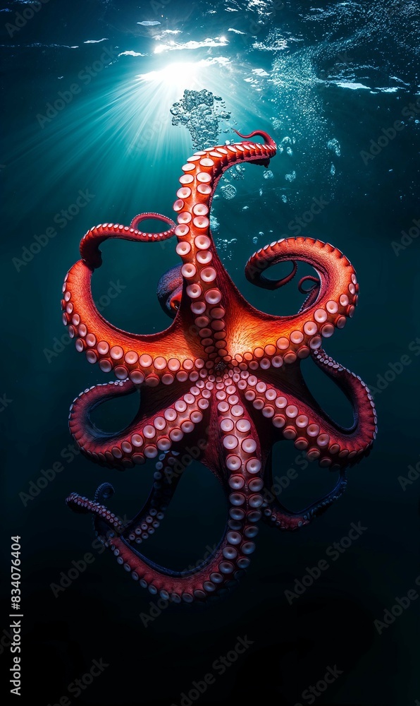 Vibrant Red Octopus in Deep Blue Sea with Sun Rays Vibrant Red Octopus in Deep Blue Sea with Sun Rays