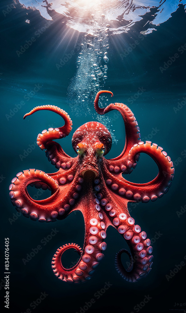 Red Octopus Swimming Upward with Tentacles Curled in Blue Ocean Red Octopus Swimming Upward with Tentacles Curled in Blue Ocean