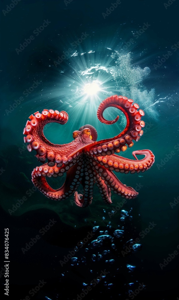 Red Octopus with Spread Tentacles in Ocean Sunlight Red Octopus with Spread Tentacles in Ocean Sunlight
