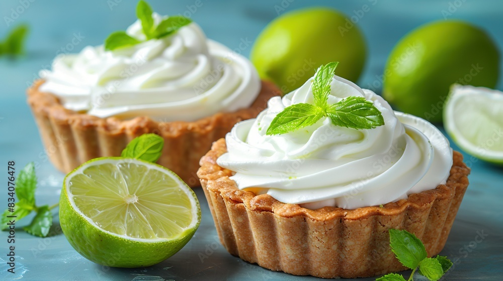 A photo captures two cupcakes sitting atop a table surrounded by limes A photo captures two cupcakes sitting atop a table surrounded by limes