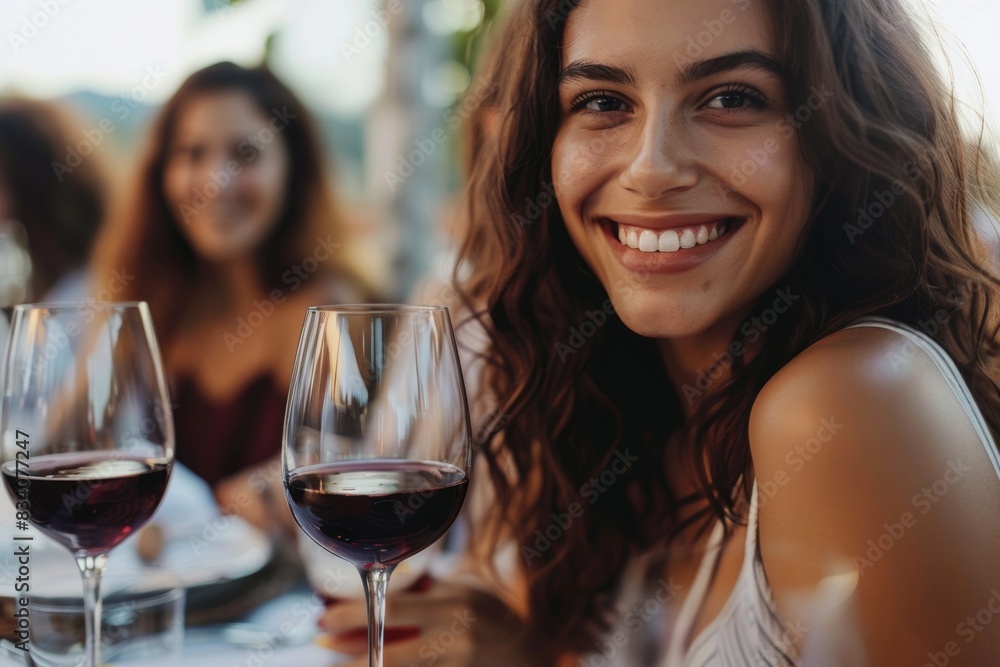 Happy friends drinking red wine sitting at restaurant table - Multiracial young people enjoying rooftop dinner party together Happy friends drinking red wine sitting at restaurant table - Multiracial young people enjoying rooftop dinner party together