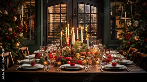 A beautifully decorated Christmas dinner table, with candles, festive centerpieces, and a feast ready to be enjoyed by family and friends. 