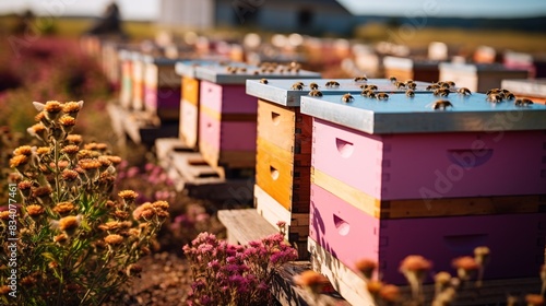 A beekeeping farm with colorful hives and bees buzzing around flowers   photo