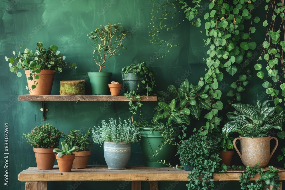 Composition of home garden interior adorned with many flowers, cacti, succulents, air plants in different design pots. Green wall paneling. Template. Home gardening concept. Composition of home garden interior adorned with many flowers, cacti, succulents, air plants in different design pots. Green wall paneling. Template. Home gardening concept.